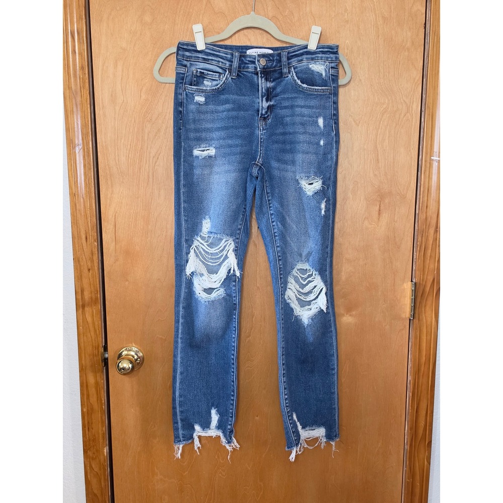 Flying Monkey Distressed Skinny Jeans Medium Wash Edgy Raw Hem F4395 Size 27